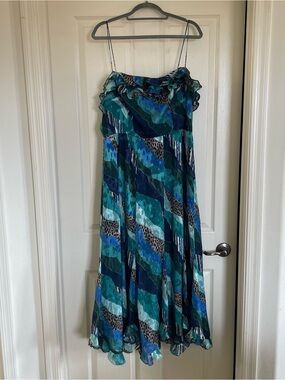 Hutch Teal & Blue Wave Print Ruffle Midi Dress
